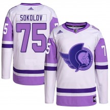 Men's Adidas Ottawa Senators Egor Sokolov White/Purple Hockey Fights Cancer Primegreen Jersey - Authentic