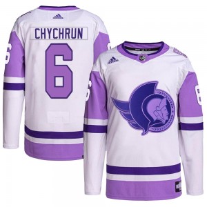 Men's Adidas Ottawa Senators Jakob Chychrun White/Purple Hockey Fights Cancer Primegreen Jersey - Authentic