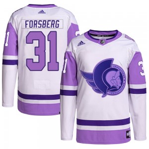 Men's Adidas Ottawa Senators Anton Forsberg White/Purple Hockey Fights Cancer Primegreen Jersey - Authentic