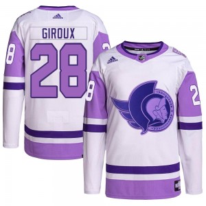 Men's Adidas Ottawa Senators Claude Giroux White/Purple Hockey Fights Cancer Primegreen Jersey - Authentic