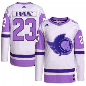 Men's Adidas Ottawa Senators Travis Hamonic White/Purple Hockey Fights Cancer Primegreen Jersey - Authentic
