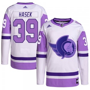 Men's Adidas Ottawa Senators Dominik Hasek White/Purple Hockey Fights Cancer Primegreen Jersey - Authentic