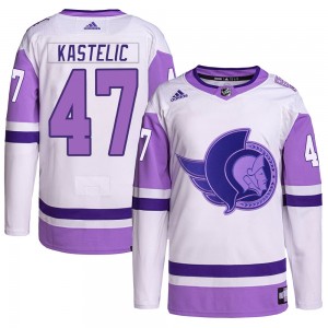 Men's Adidas Ottawa Senators Mark Kastelic White/Purple Hockey Fights Cancer Primegreen Jersey - Authentic