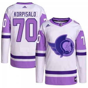 Men's Adidas Ottawa Senators Joonas Korpisalo White/Purple Hockey Fights Cancer Primegreen Jersey - Authentic