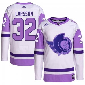 Men's Adidas Ottawa Senators Jacob Larsson White/Purple Hockey Fights Cancer Primegreen Jersey - Authentic