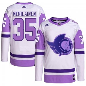 Men's Adidas Ottawa Senators Leevi Merilainen White/Purple Hockey Fights Cancer Primegreen Jersey - Authentic