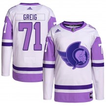 Youth Adidas Ottawa Senators Ridly Greig White/Purple Hockey Fights Cancer Primegreen Jersey - Authentic